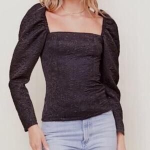 ASTR The Label Remi Puff Sleeve Black Floral Jacquard Sparkle Top Size M NWT
